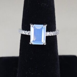 Emerald Cut Opalite Ring Silver Tone Pave Band Size 7.5 FJ Statement Ring